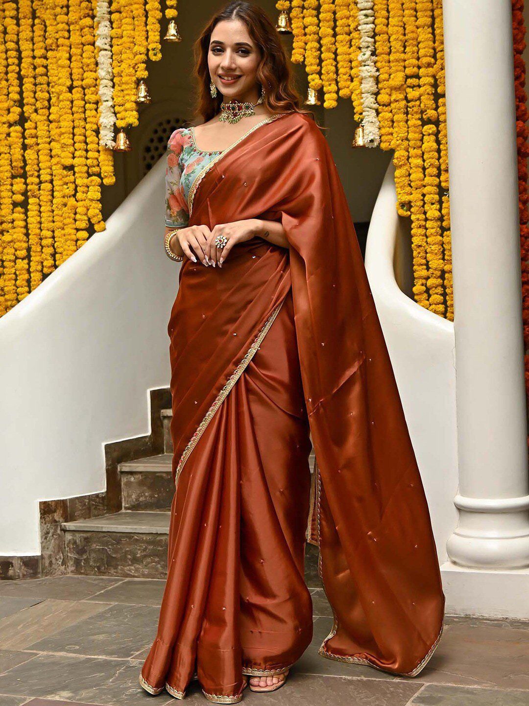 Rust & Gold-Toned Embellished Embroidered Saree