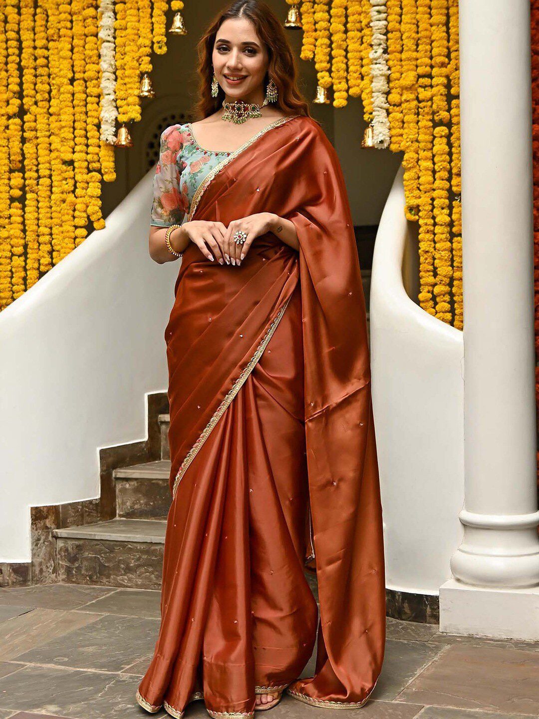 Rust & Gold-Toned Embellished Embroidered Saree