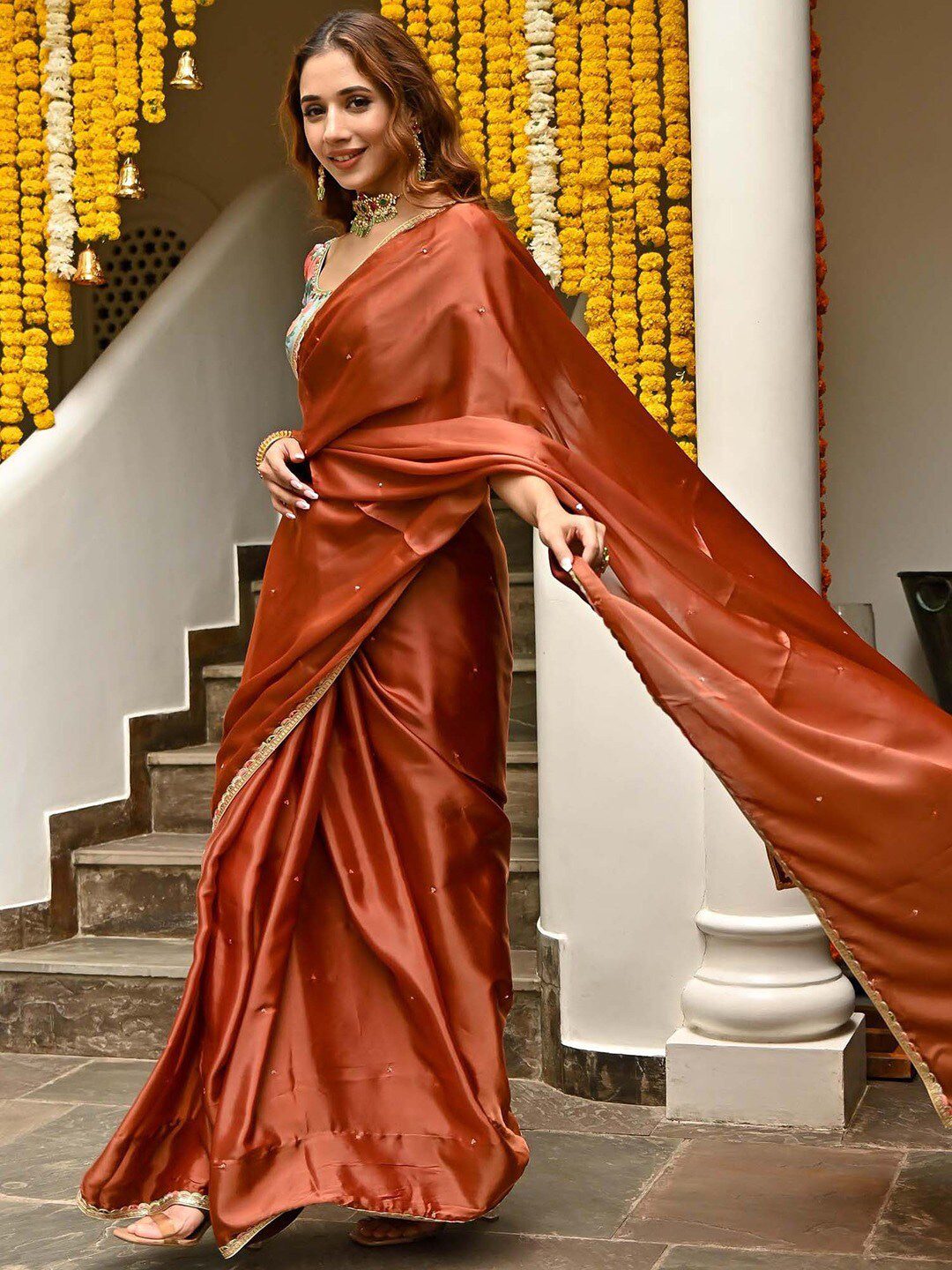 Rust & Gold-Toned Embellished Embroidered Saree