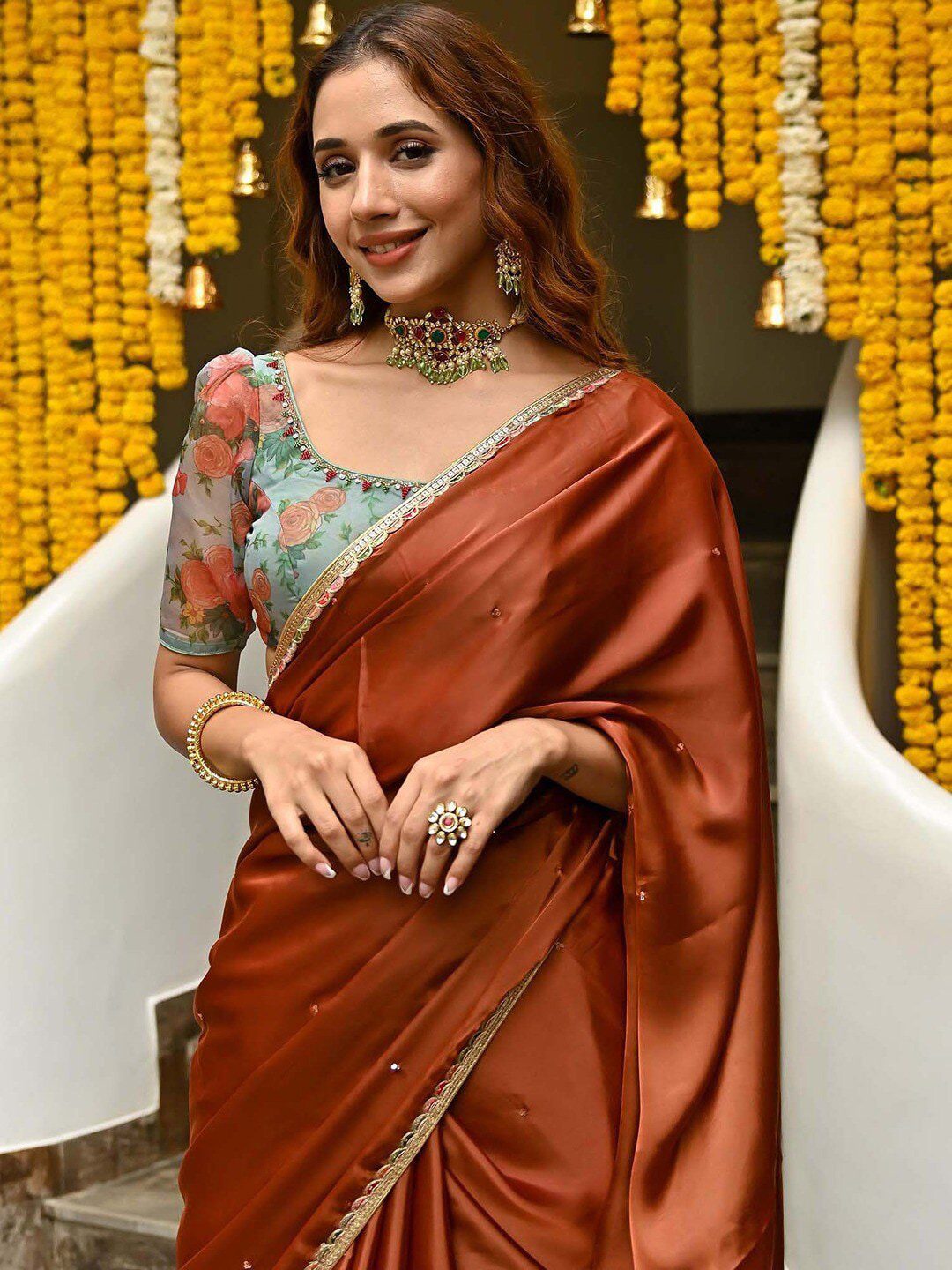 Rust & Gold-Toned Embellished Embroidered Saree