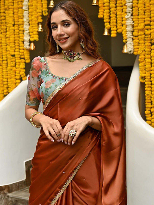 Rust & Gold-Toned Embellished Embroidered Saree