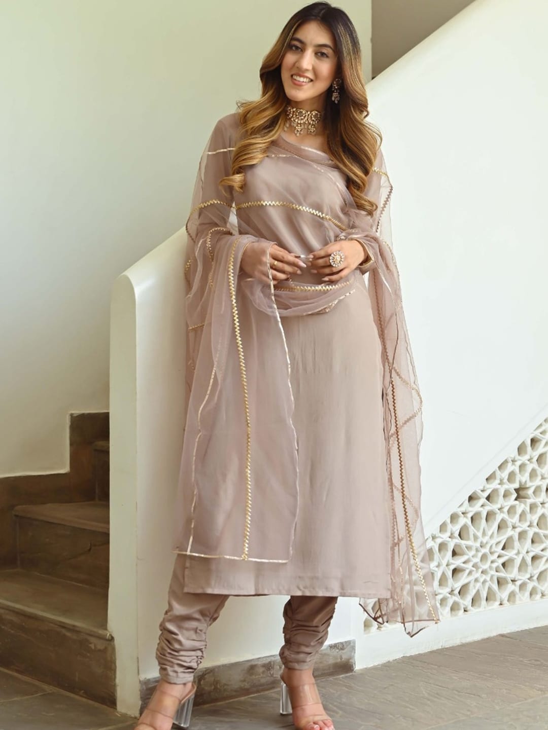 Women Beige Kurta with Churidar & With Dupatta
