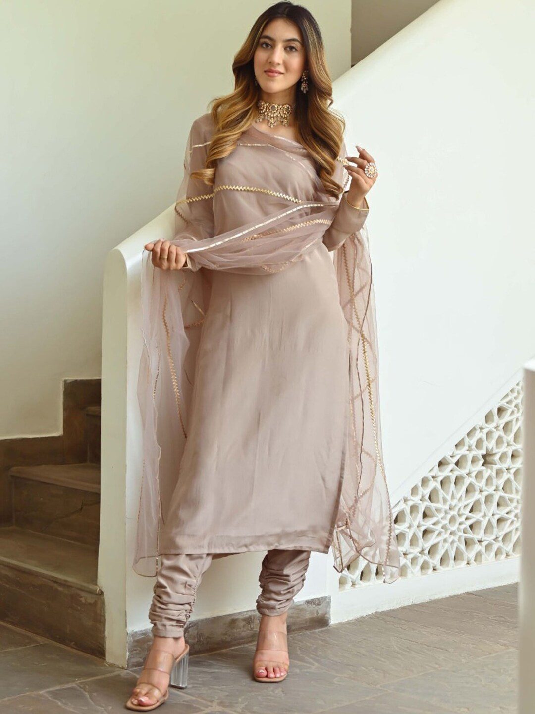 Women Beige Kurta with Churidar & With Dupatta