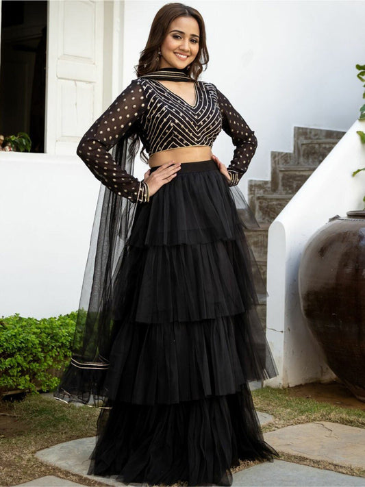 Women Black & Gold-Toned Ready to Wear Lehenga & Blouse With Dupatta