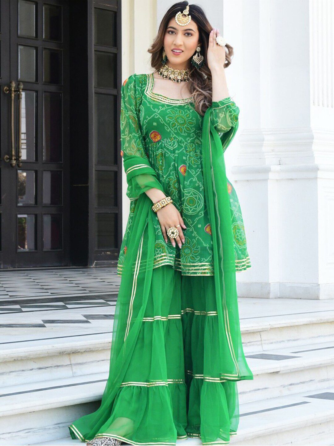 Women Green Ethnic Motifs Printed Kurta with Sharara & With Dupatta