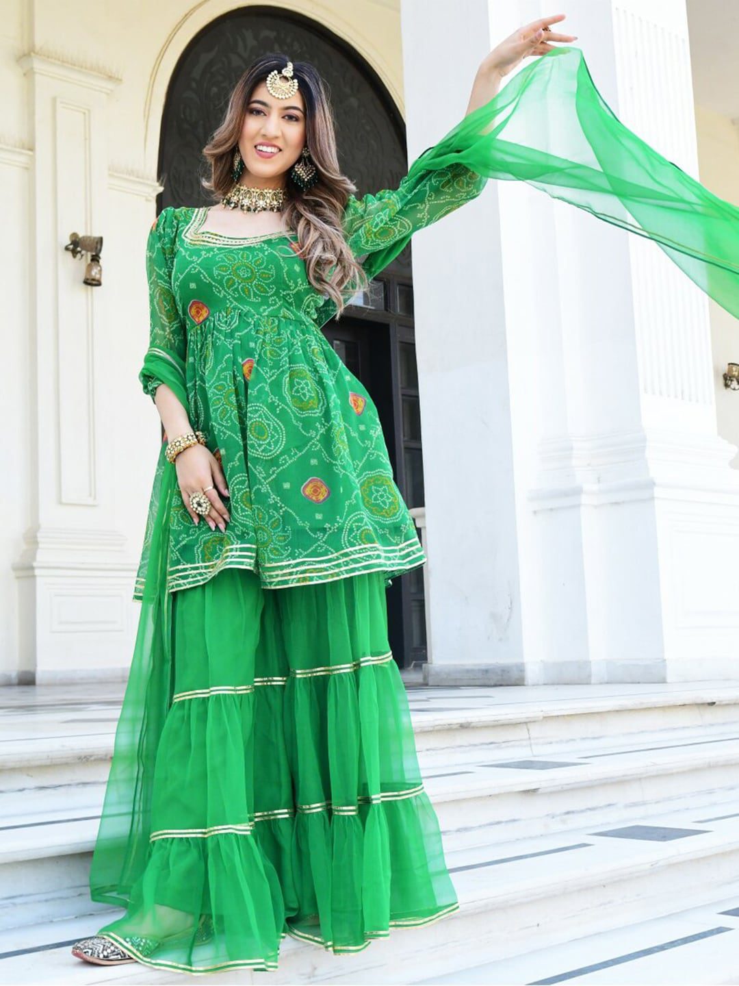 Women Green Ethnic Motifs Printed Kurta with Sharara & With Dupatta