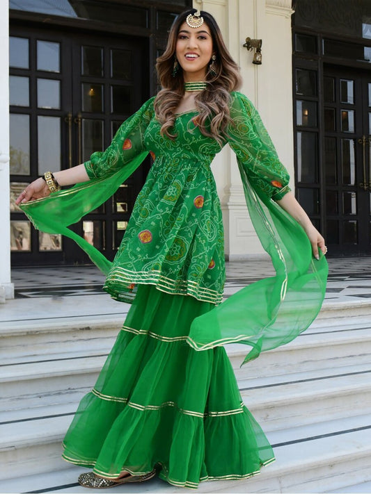 Women Green Ethnic Motifs Printed Kurta with Sharara & With Dupatta