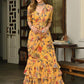 Yellow & Green Floral Ready to Wear Printed Ruffle Saree