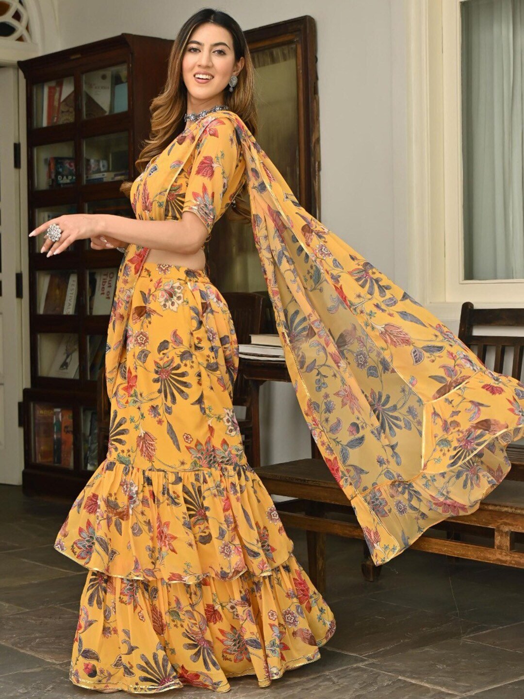 Yellow & Green Floral Ready to Wear Printed Ruffle Saree