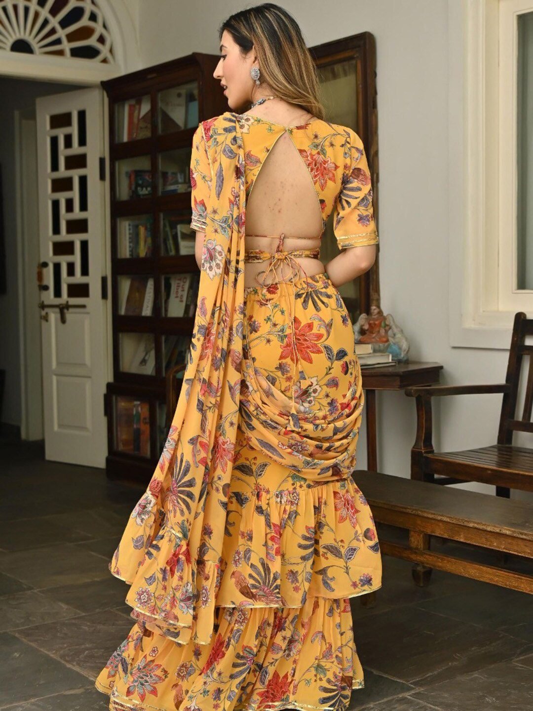 Yellow & Green Floral Ready to Wear Printed Ruffle Saree