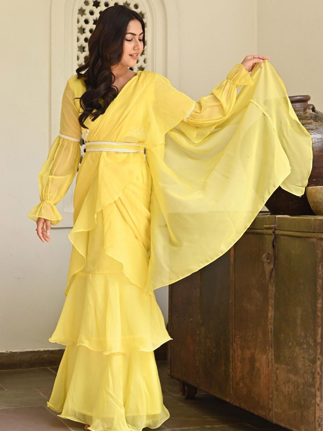 Lavanya The Label Yellow Solid Ruffles Saree