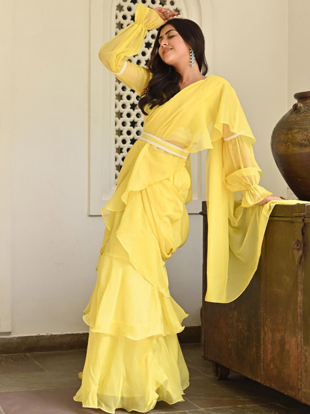 Lavanya The Label Yellow Solid Ruffles Saree