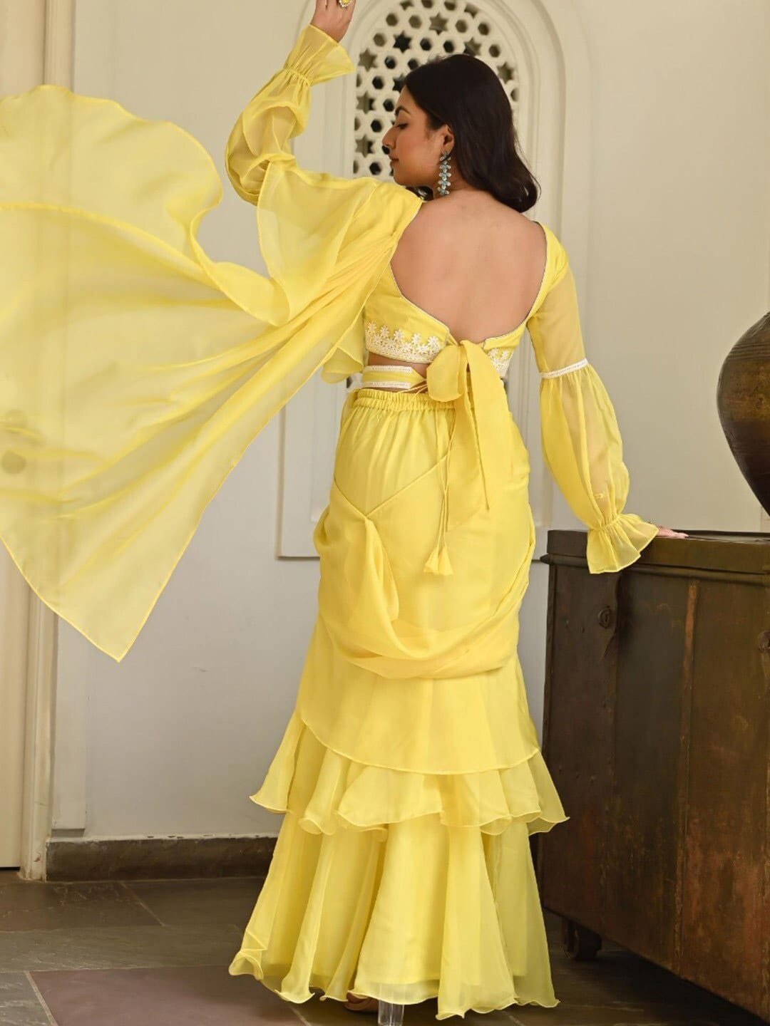 Lavanya The Label Yellow Solid Ruffles Saree