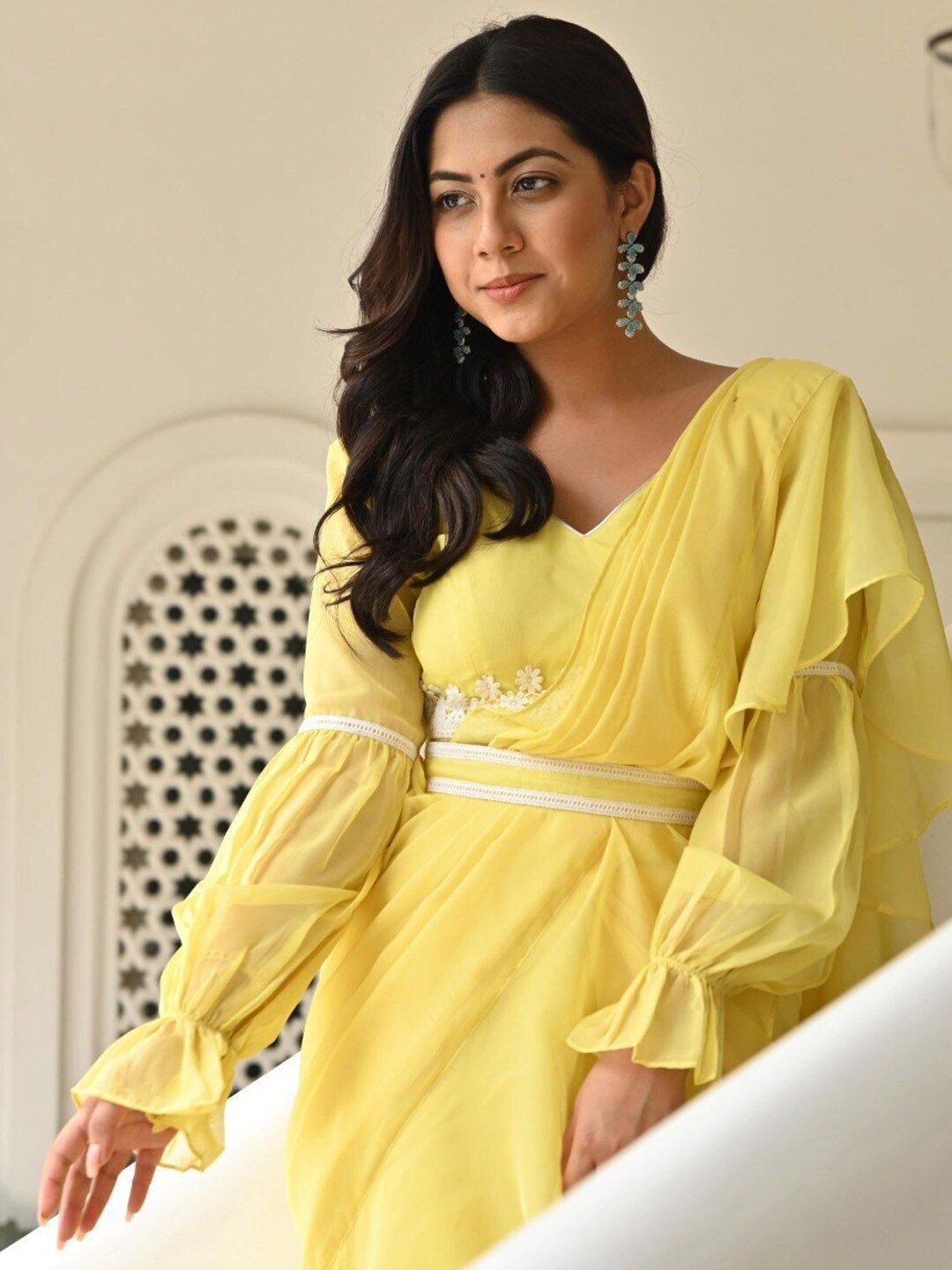 Lavanya The Label Yellow Solid Ruffles Saree