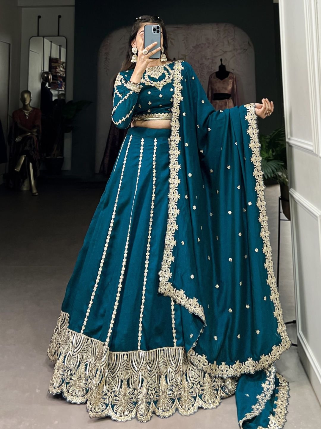 Magnificent Teal Blue Embroidered Vichitra Silk Engagement Wear Lehenga Choli
