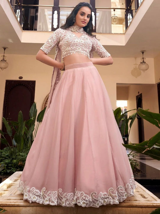 Fascinating Powder Pink Silk Thread Embroidery Bridesmaid Lehenga Choli