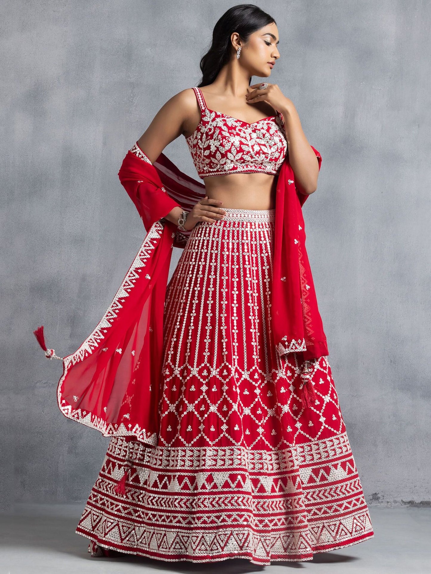 Awesome Red Thread Embroidered Georgette Wedding Lehenga Choli