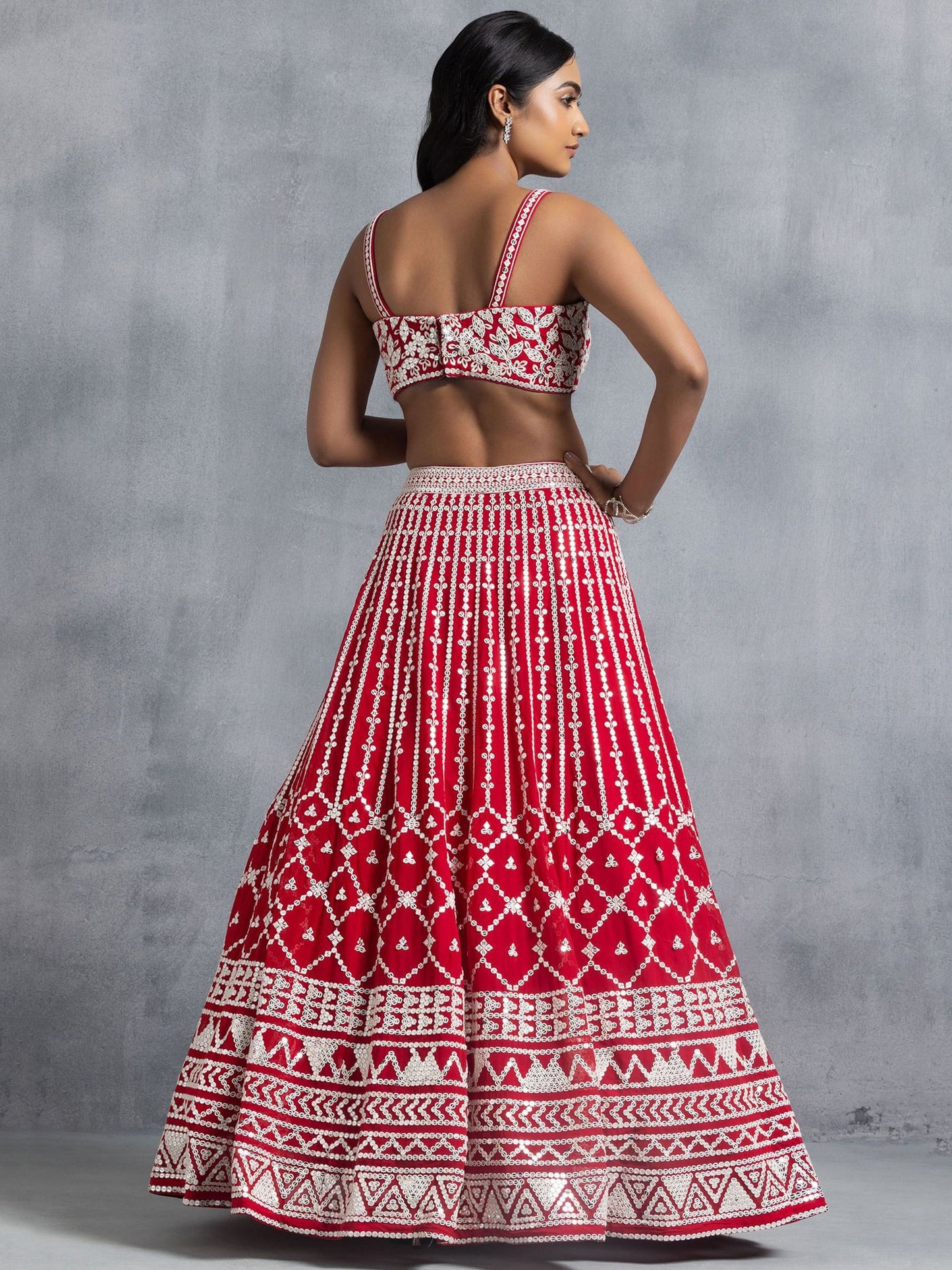Awesome Red Thread Embroidered Georgette Wedding Lehenga Choli