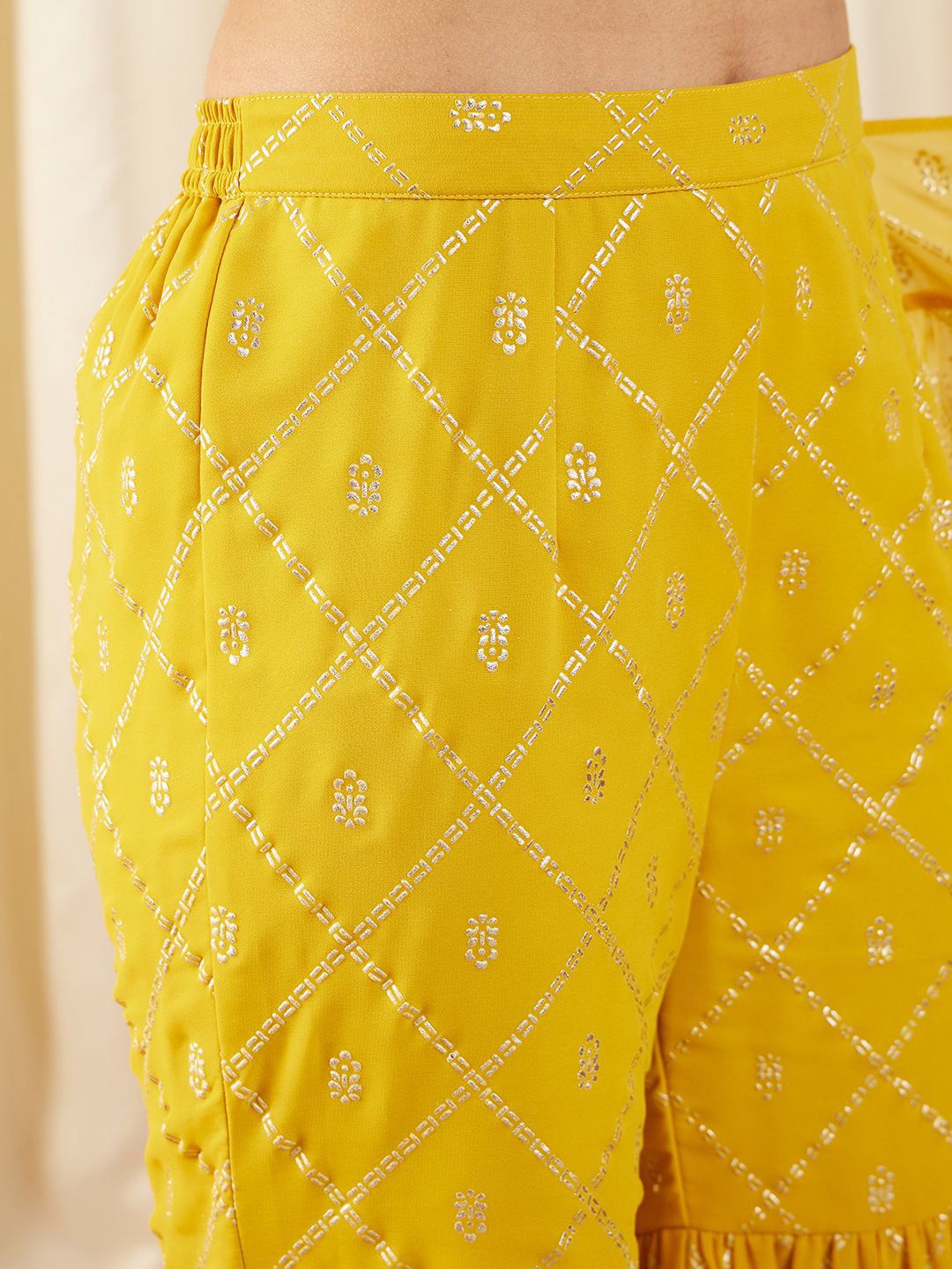 Crop Top with Sharara and frill Dupatta in Yellow Color