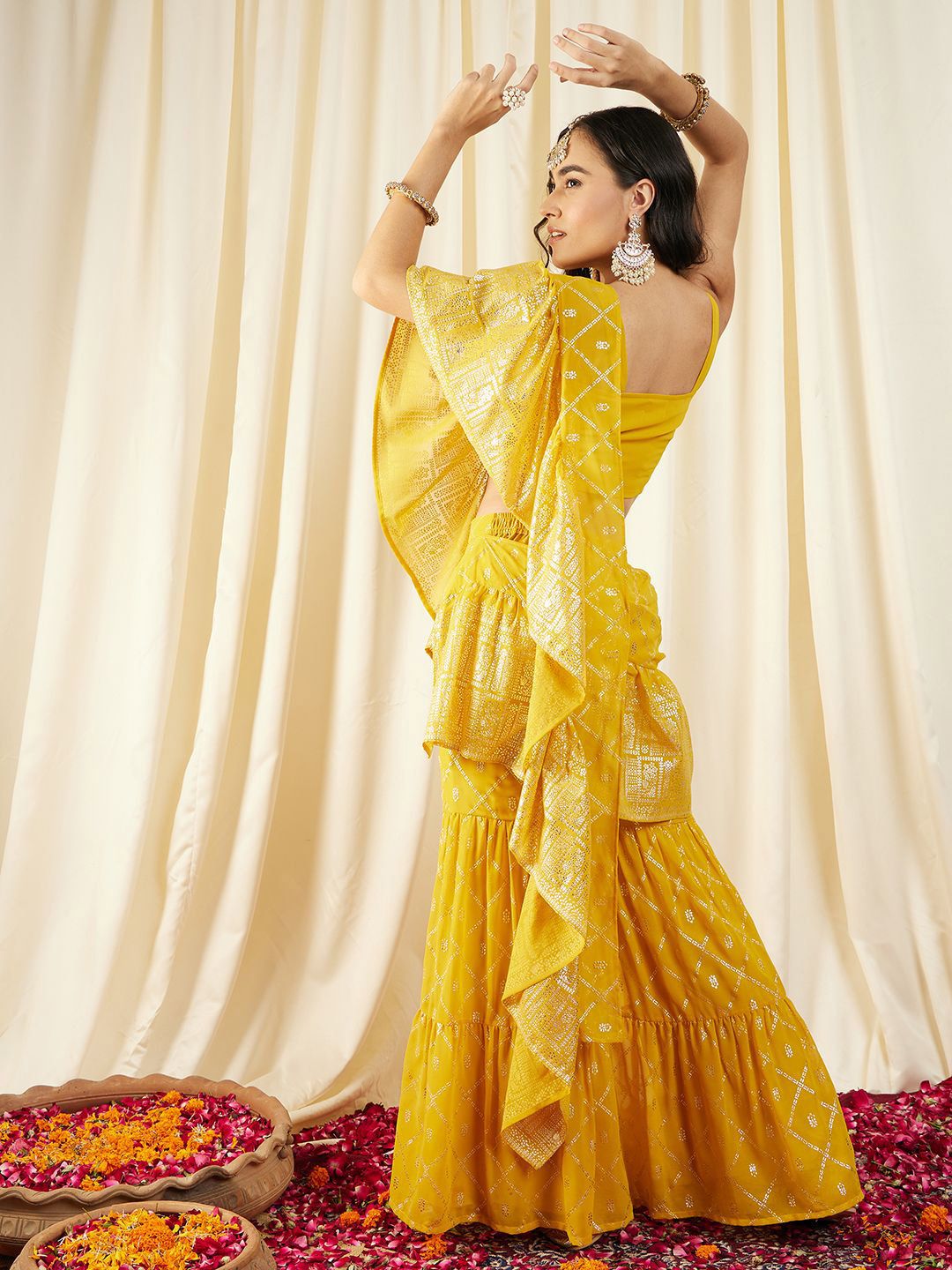 Crop Top with Sharara and frill Dupatta in Yellow Color