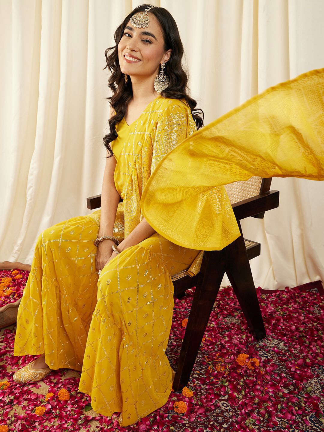 Crop Top with Sharara and frill Dupatta in Yellow Color