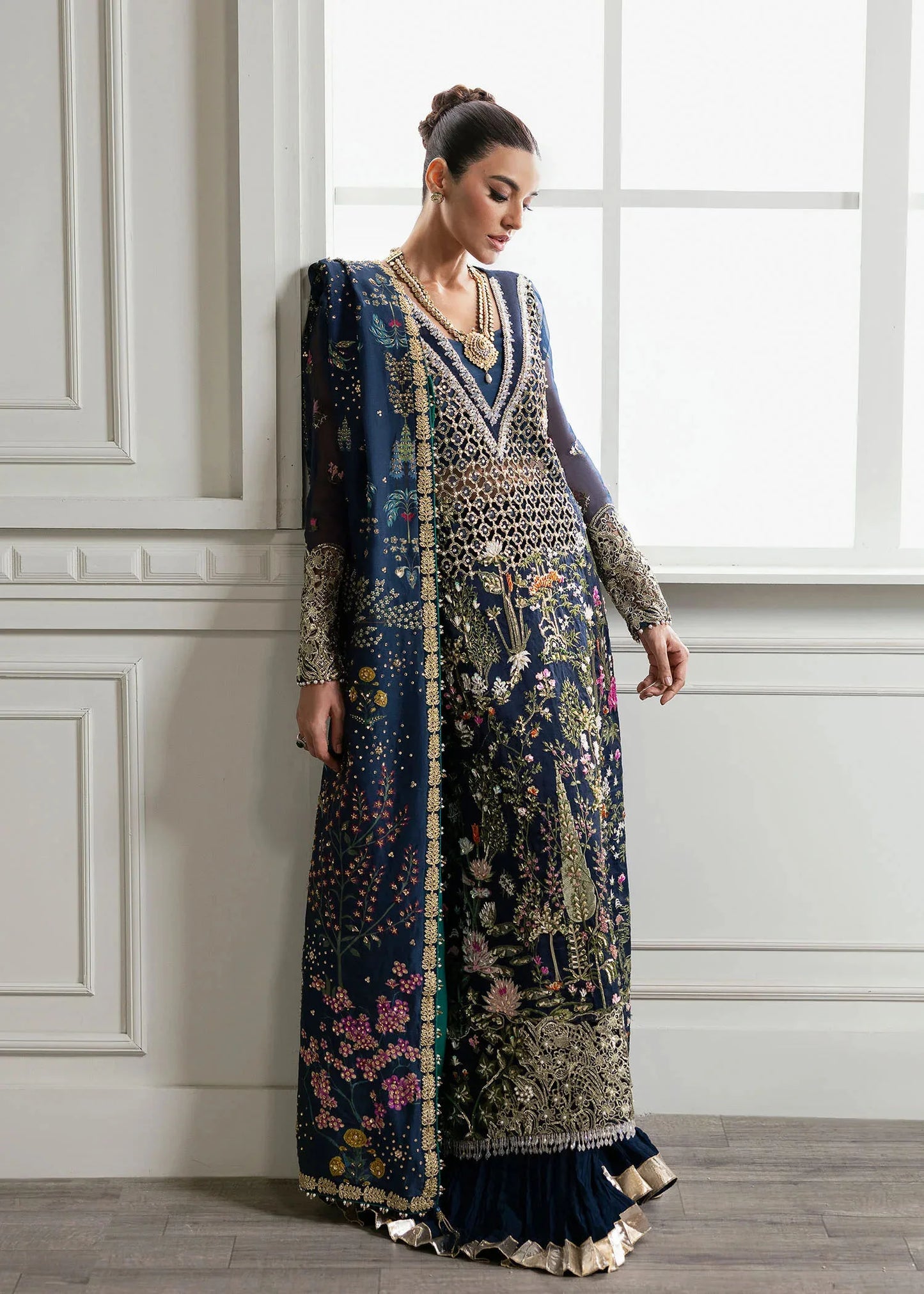 Midnight Blue Ghaara Embroidered Organza Suit