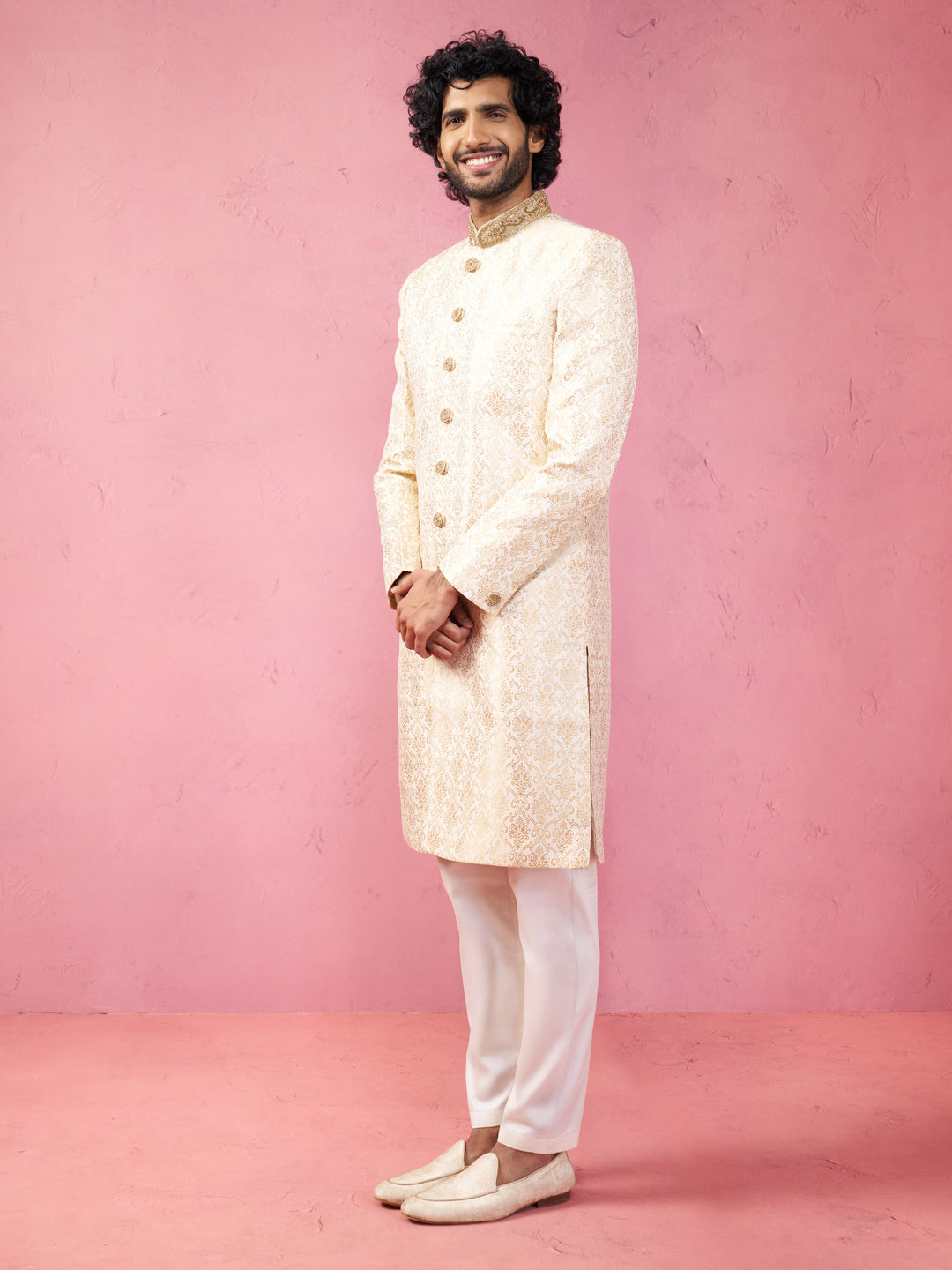 Men's Beige Silk Blend Sherwani Set with Cream Pyjama