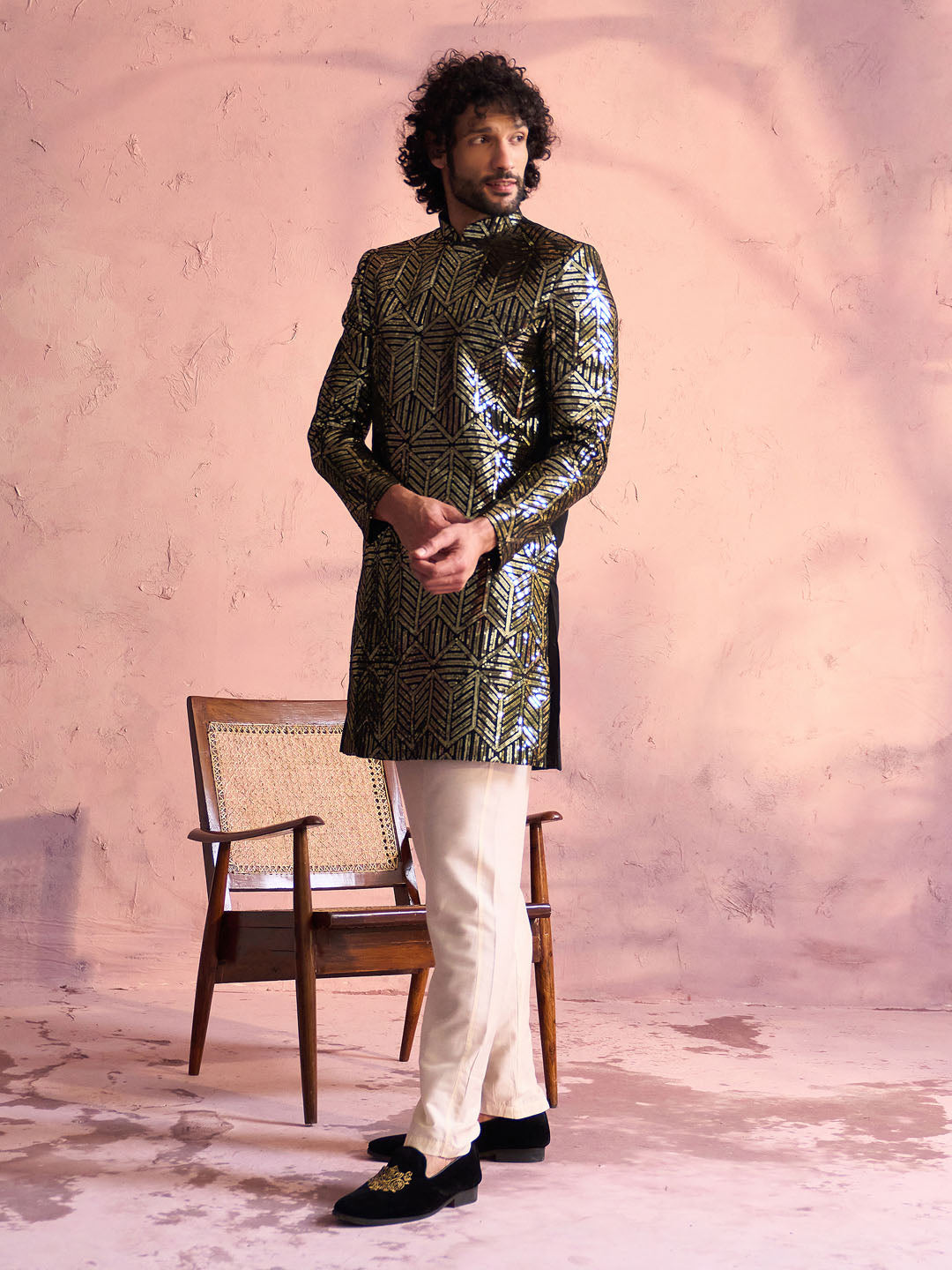 Men's Black Georgette Embellished Indo Set