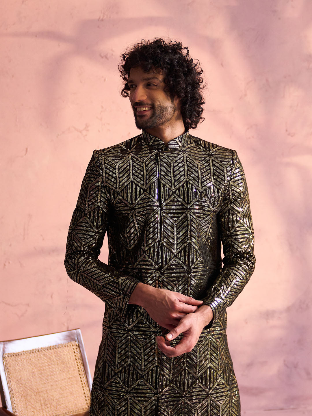 Men's Black Georgette Embellished Indo Set