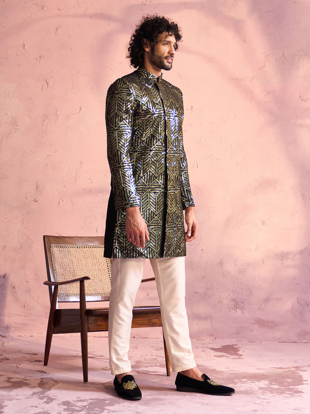 Men's Black Georgette Embellished Indo Set