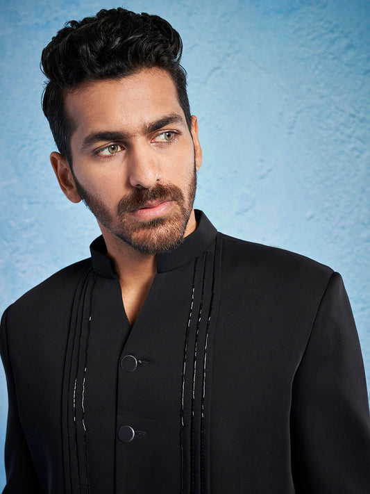 Men's Black Imported Suiting Jodhpuri And Pant Set