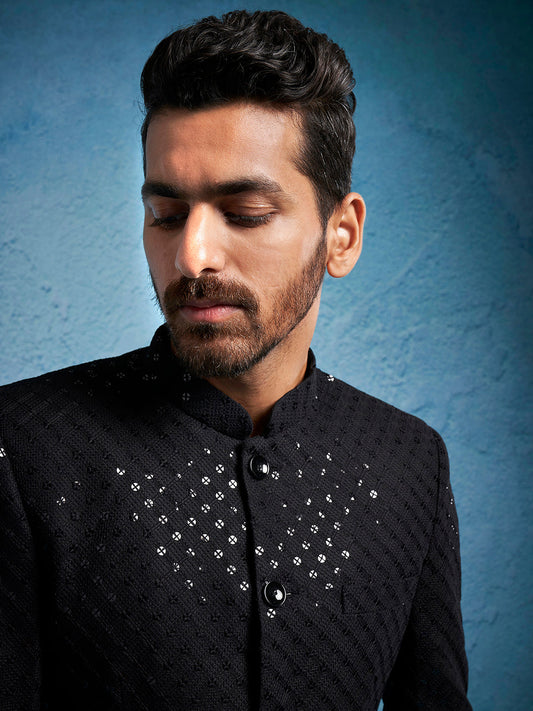 Men's Black Schiffli Jodhpuri Pant Set