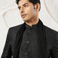 Men's Black Silk Blend Sherwani,Kurta ,Pyjama And Dupatta Set