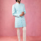 Men's Blue Jacquard Indo-Western Kurta with Cream Trousers