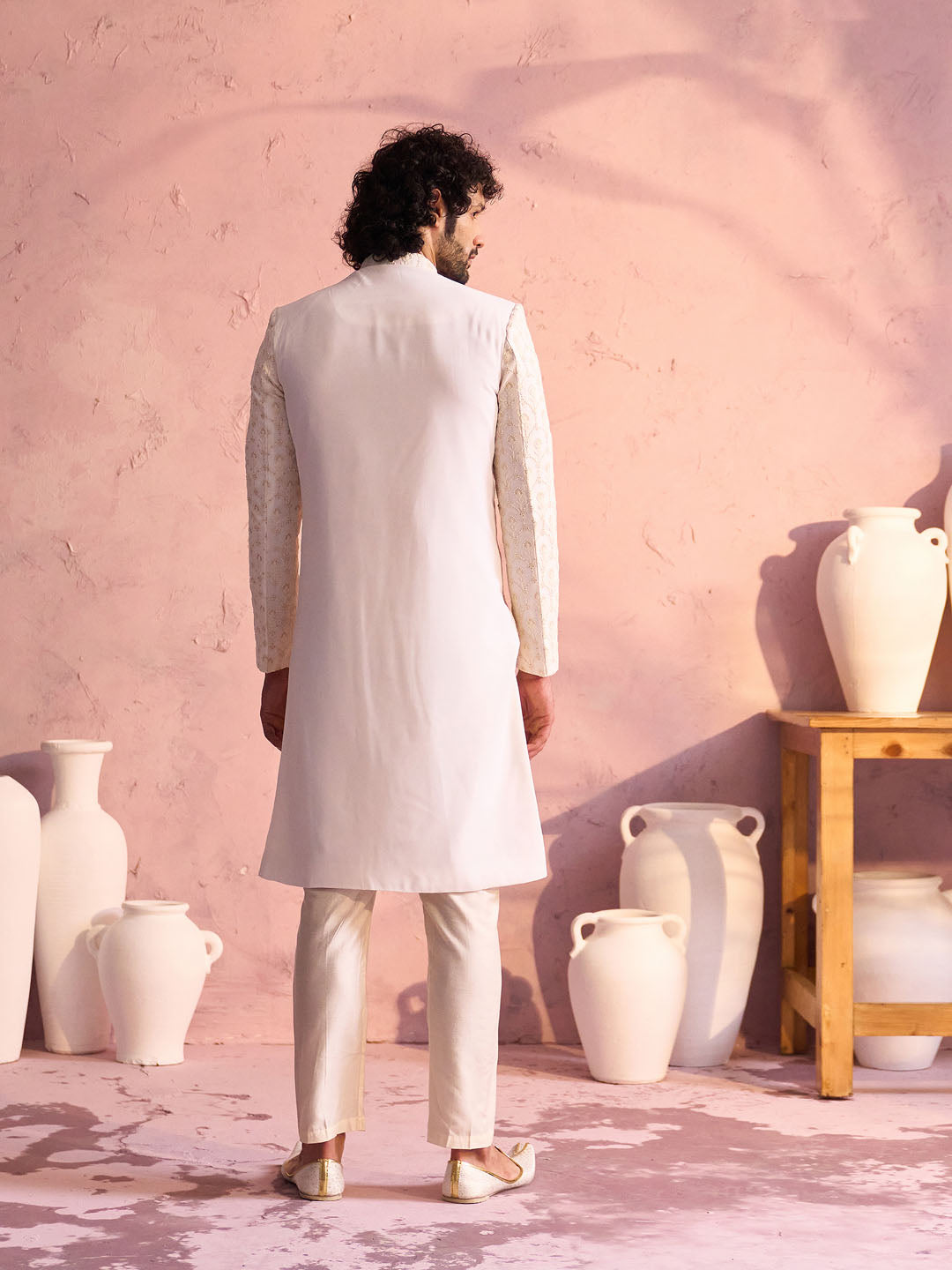 Men's Cream Georgette Embellished Indo Western Set