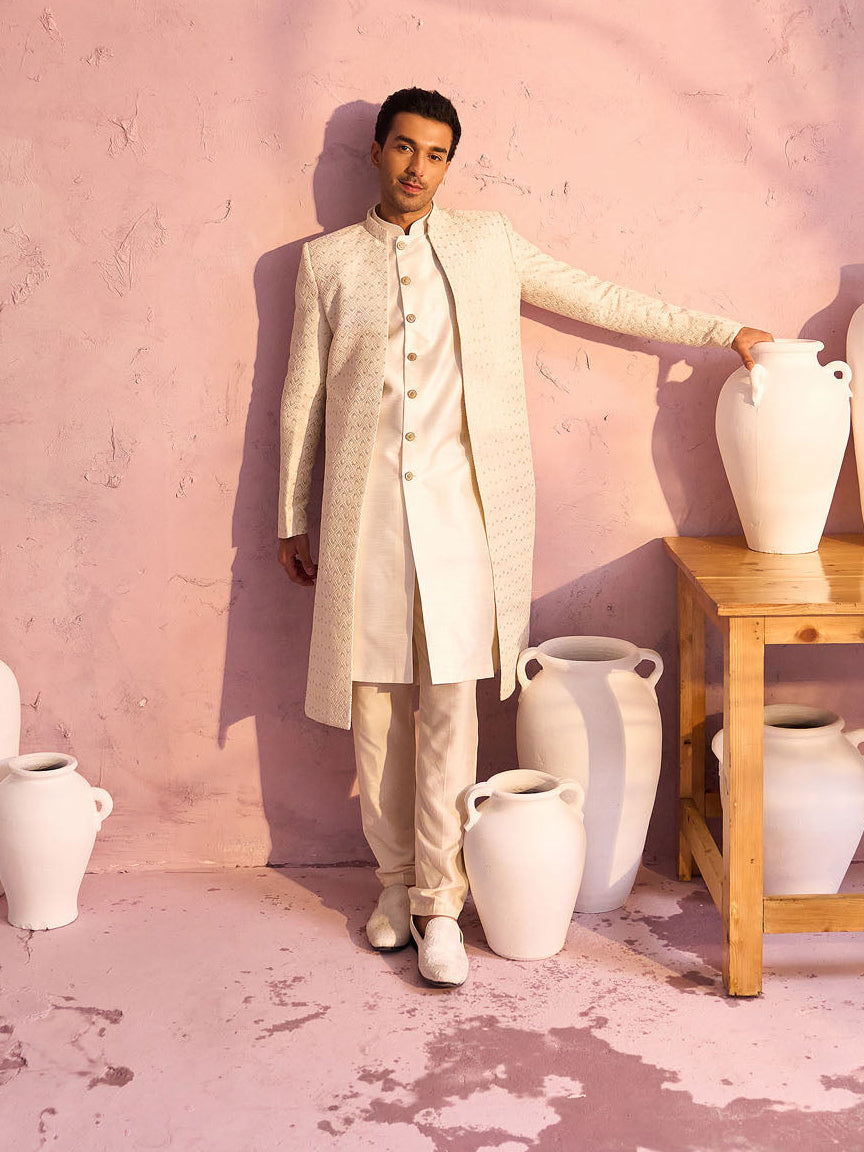 Men's Cream Schiffli Worked With Sequin Detailing Indo With Sleeveless Kurta Pant Set