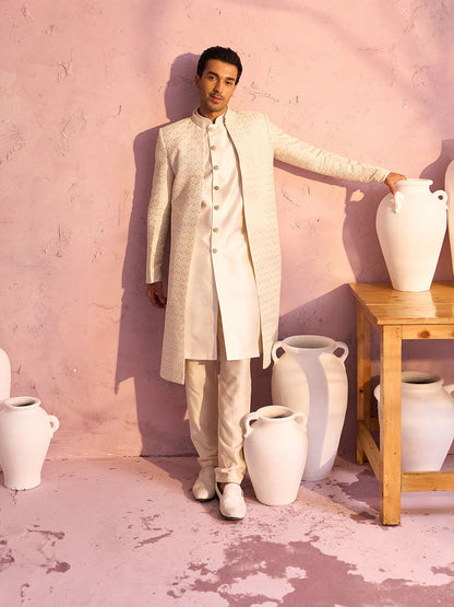 Men's Cream Schiffli Worked With Sequin Detailing Indo With Sleeveless Kurta Pant Set