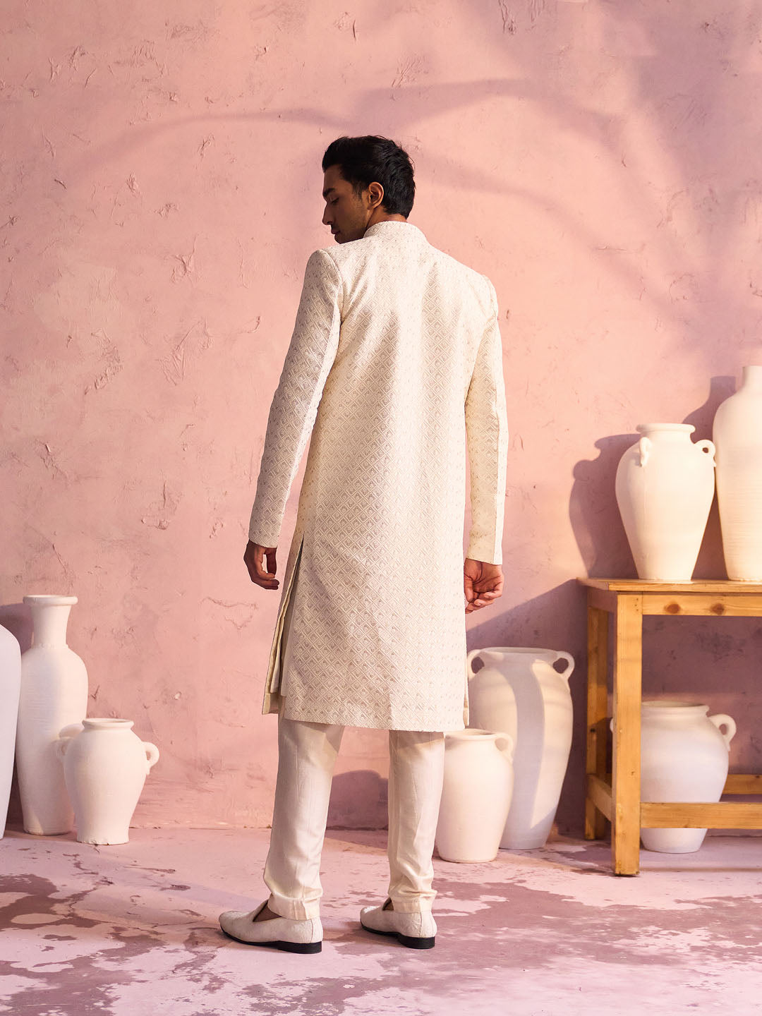 Men's Cream Schiffli Worked With Sequin Detailing Indo With Sleeveless Kurta Pant Set