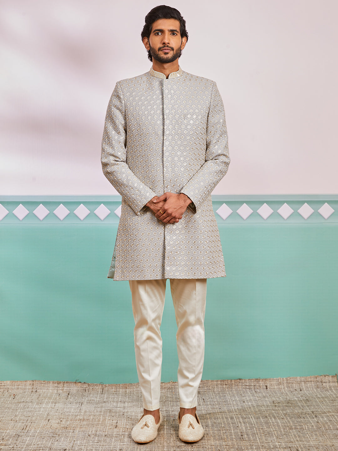 Men's Grey Rayon Indo Western And Pyjama Set