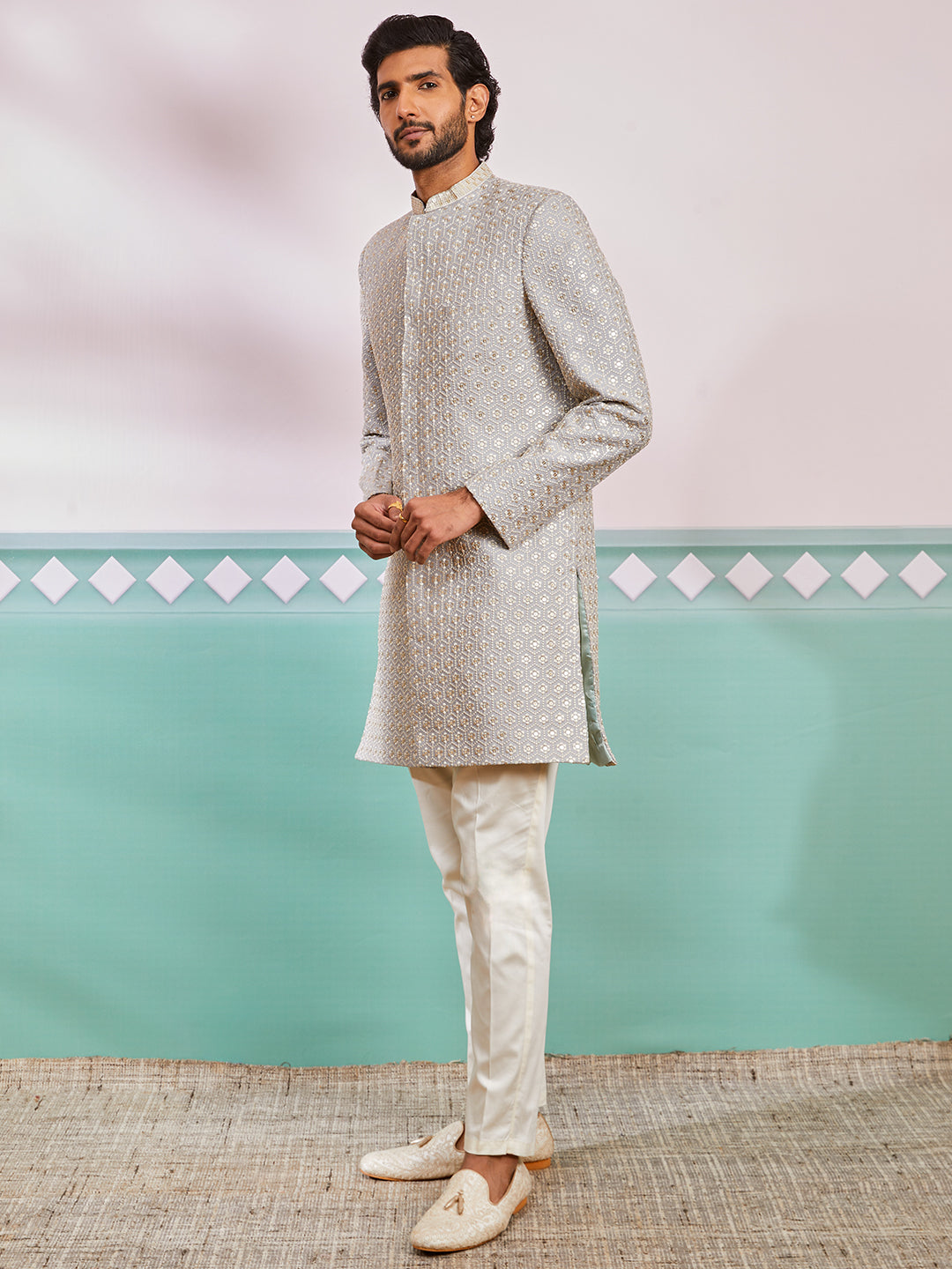 Men's Grey Rayon Indo Western And Pyjama Set