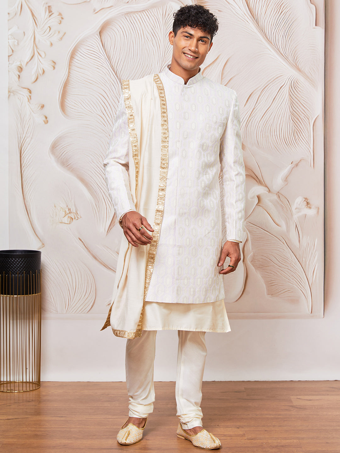 Men's Silk Blend Indowestern, Kurta Pyjama And Dupatta Set