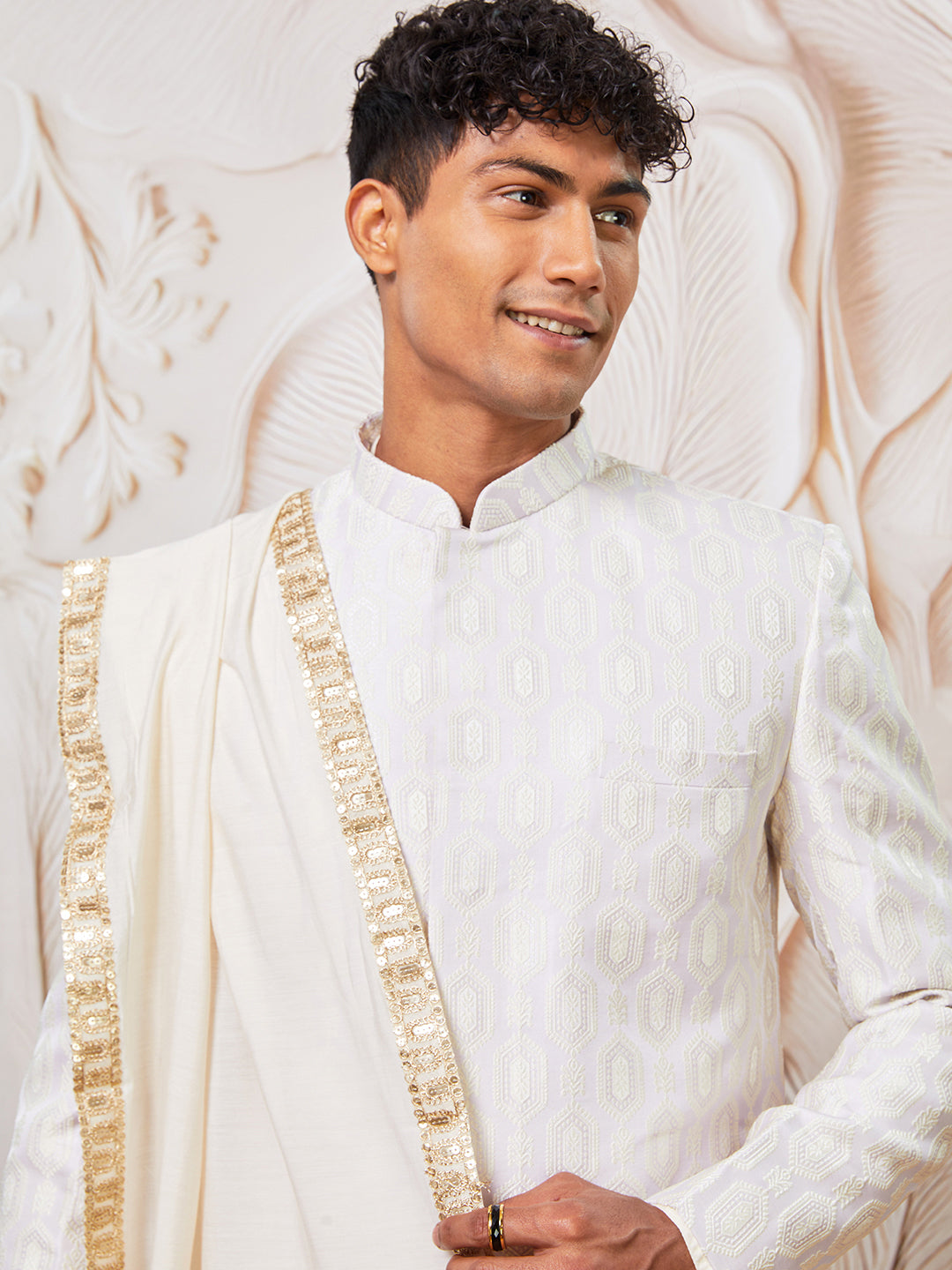 Men's Silk Blend Indowestern, Kurta Pyjama And Dupatta Set