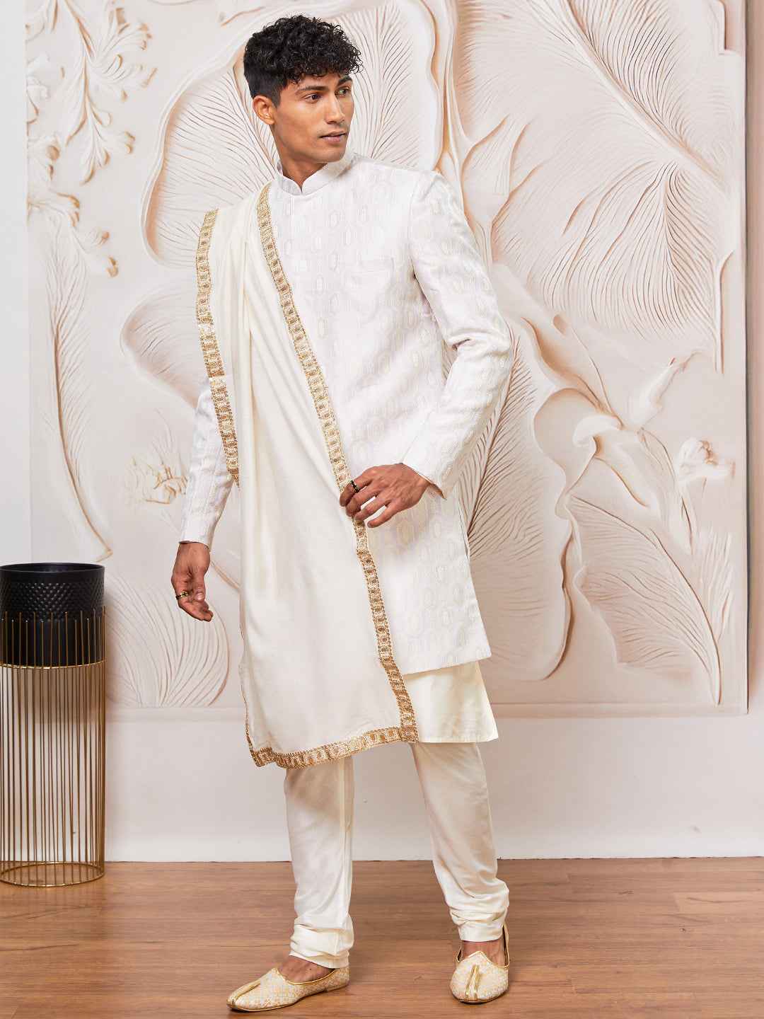 Men's Silk Blend Indowestern, Kurta Pyjama And Dupatta Set