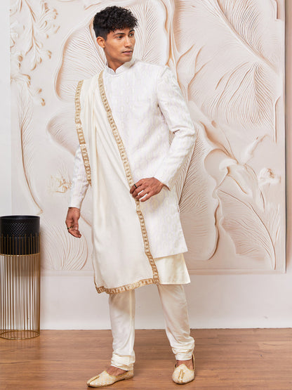 Men's Silk Blend Indowestern, Kurta Pyjama And Dupatta Set