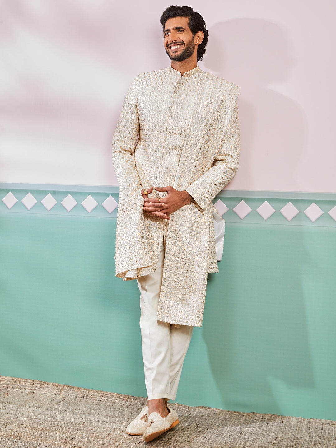 Men's Off White Rayon Indo Western,Pyjama And Dupatta Set