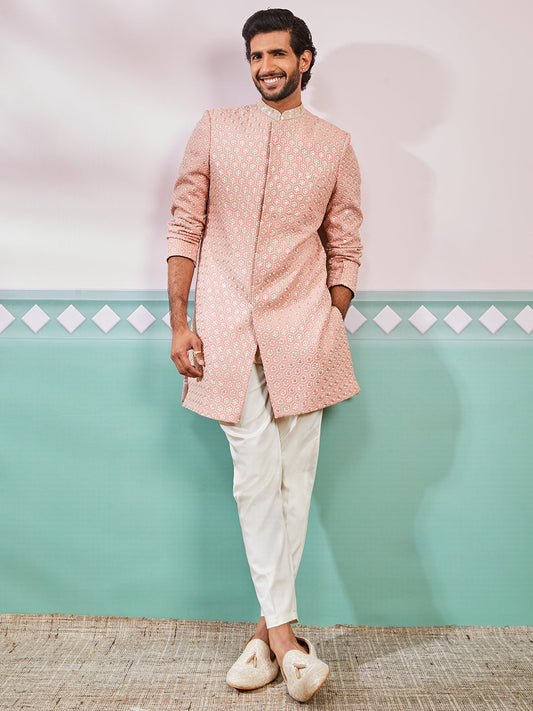 Men's Peach Rayon Indo Western And Pyjama & Dupatta Set