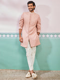 Men's Peach Rayon Indo Western And Pyjama & Dupatta Set