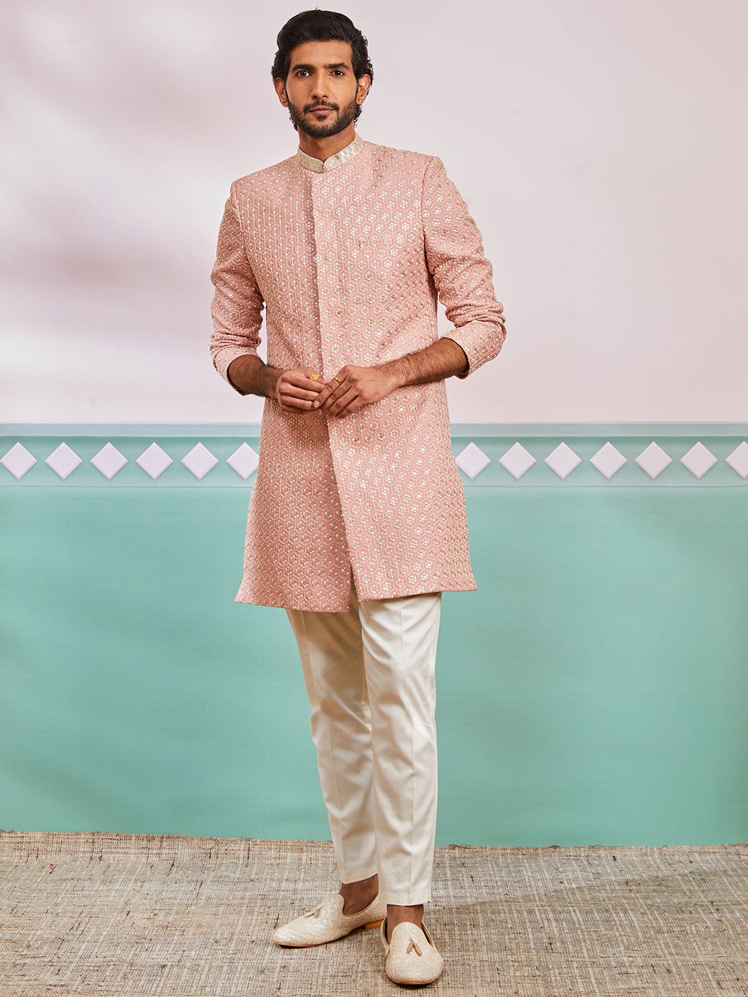 Men's Peach Rayon Indo Western And Pyjama & Dupatta Set