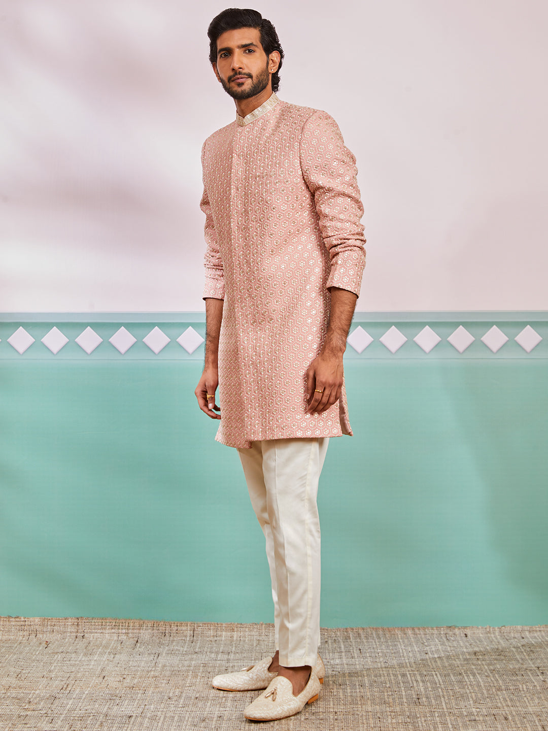 Men's Peach Rayon Indo Western And Pyjama & Dupatta Set