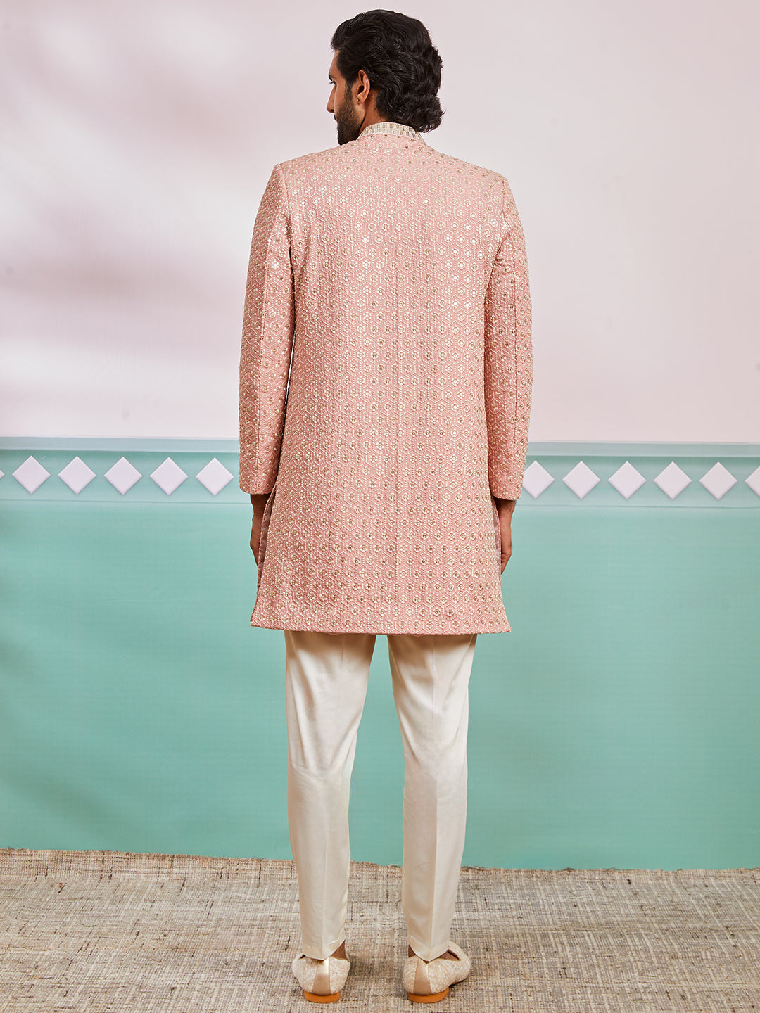 Men's Peach Rayon Indo Western And Pyjama & Dupatta Set